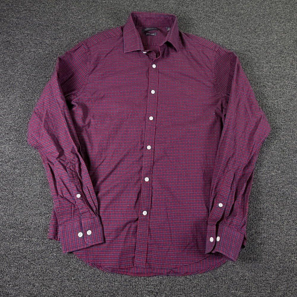 Tommy Hilfiger Button Down Mens L Slim Fit Stretch Burgundy Check EUC